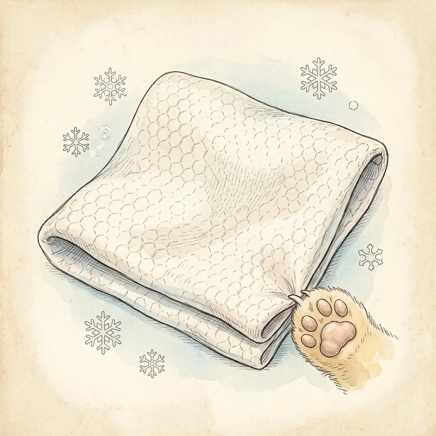Close-up of snösoft fabric showing its hexagonal air-cell knit beside matching snowflakes