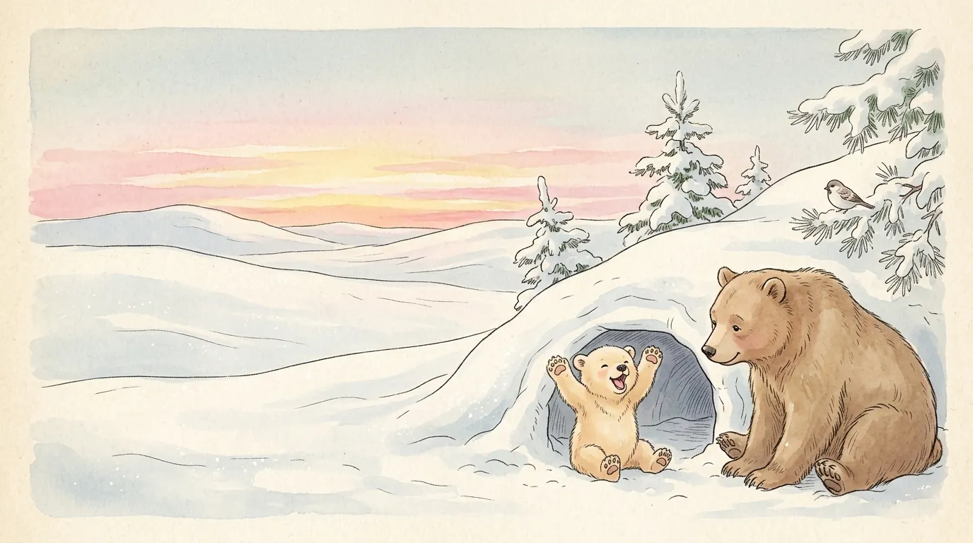 A rested bear cub stretching happily at its den entrance at sunrise while its mother watches