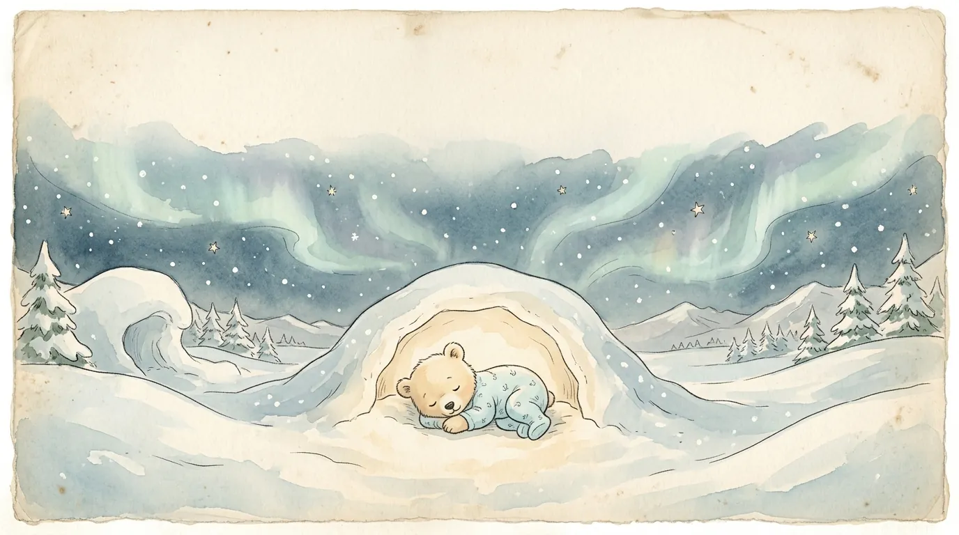 A bear cub in ice-blue pajamas sleeping inside a snow den beneath the northern lights