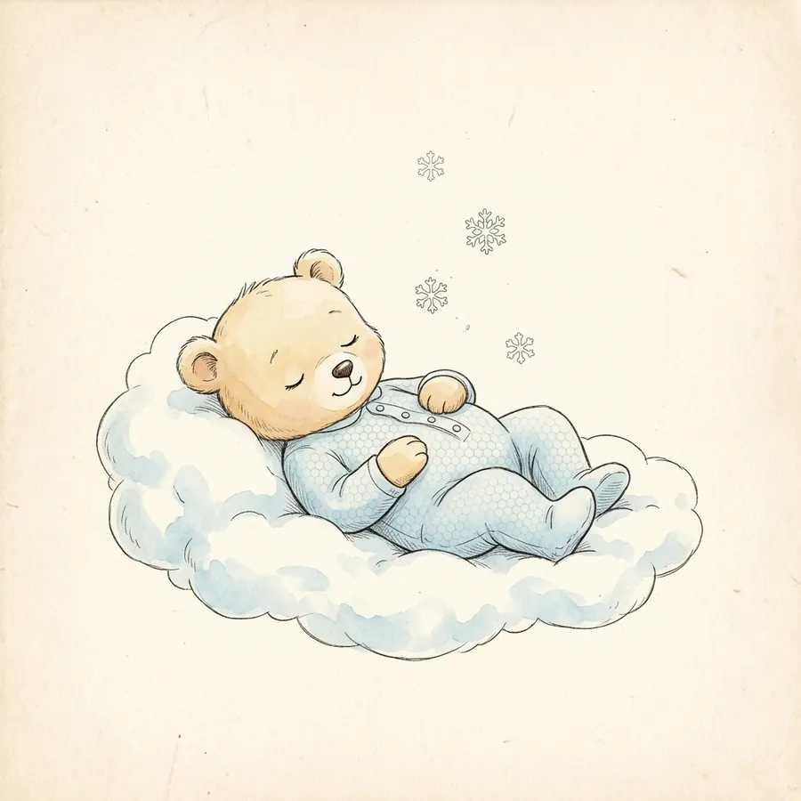 Bo the bear cub sleeping in the snösoft footie, storybook illustration