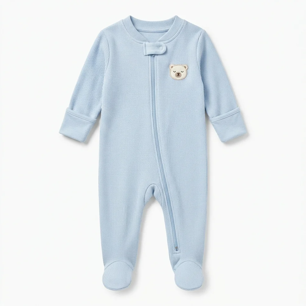 The snösoft Footie in ice blue, honeycomb knit with bear embroidery, on white background
