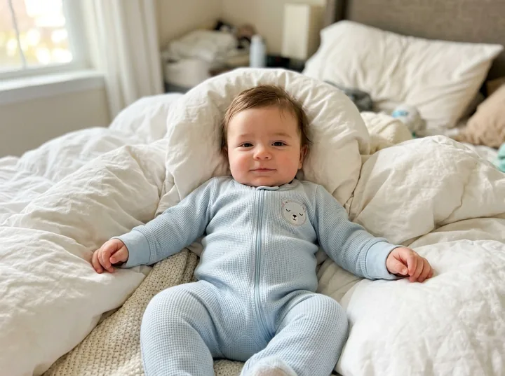 Baby on a bed in the morning wearing the snösoft footie