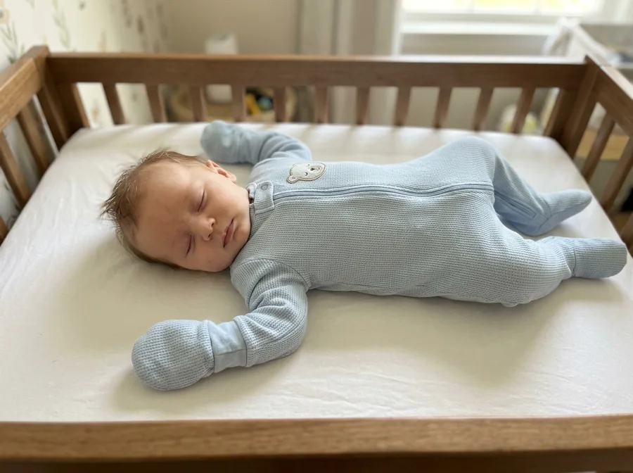 Baby sleeping on their back in a bare crib, hands covered by the footie's fold-over mittens