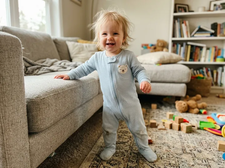Toddler standing at the couch wearing the snösoft footie