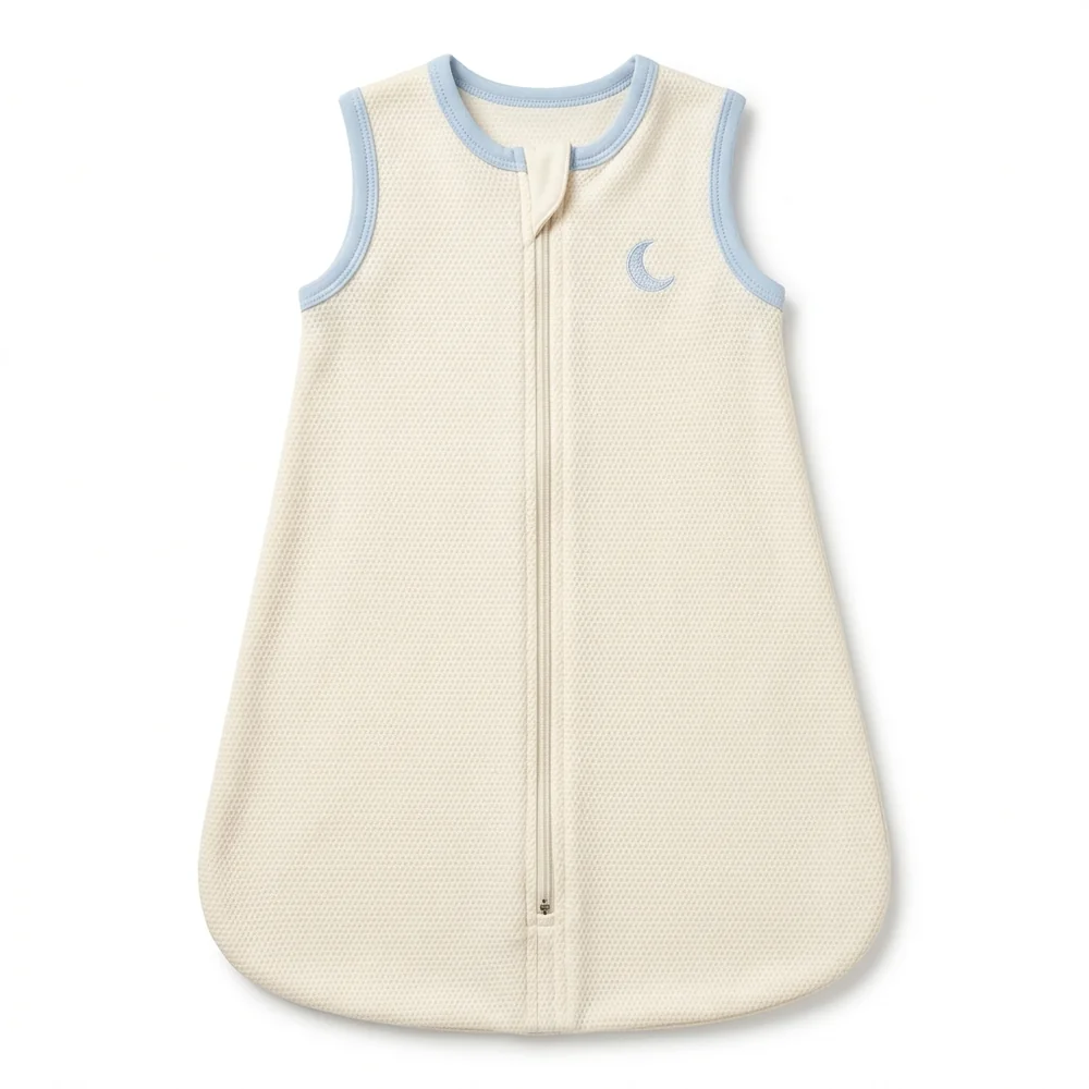 The Den Sleep Sack in cream with ice blue trim and moon embroidery, on white background