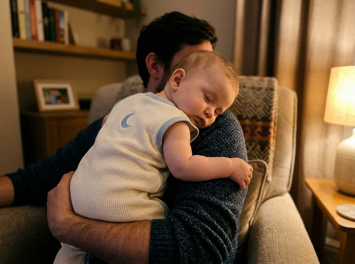Drowsy baby held on a parent's shoulder wearing the Den Sleep Sack