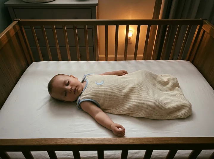 Baby sleeping in the Den Sleep Sack in a bare crib at night