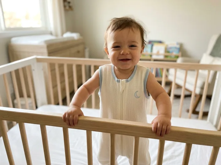 Happy baby standing in a bare crib wearing the Den Sleep Sack