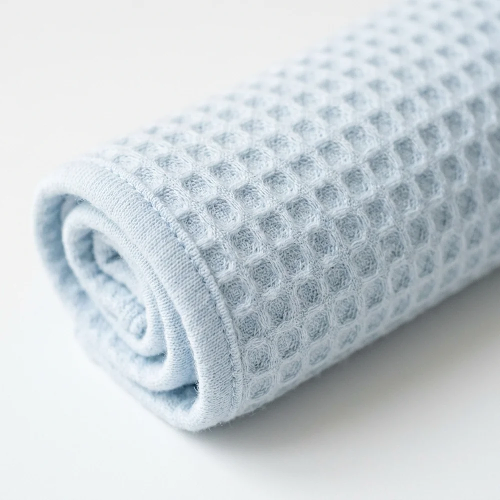Macro of the swaddle honeycomb air-cell knit and rolled hem