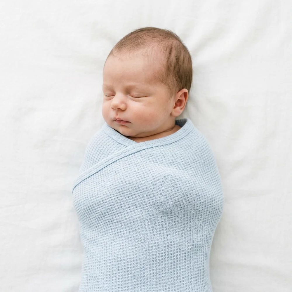 Newborn wrapped in the ice blue swaddle, sleeping on their back