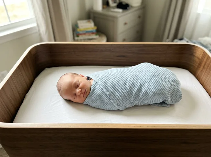 Newborn swaddled in ice blue sleeping on their back in a bare bassinet
