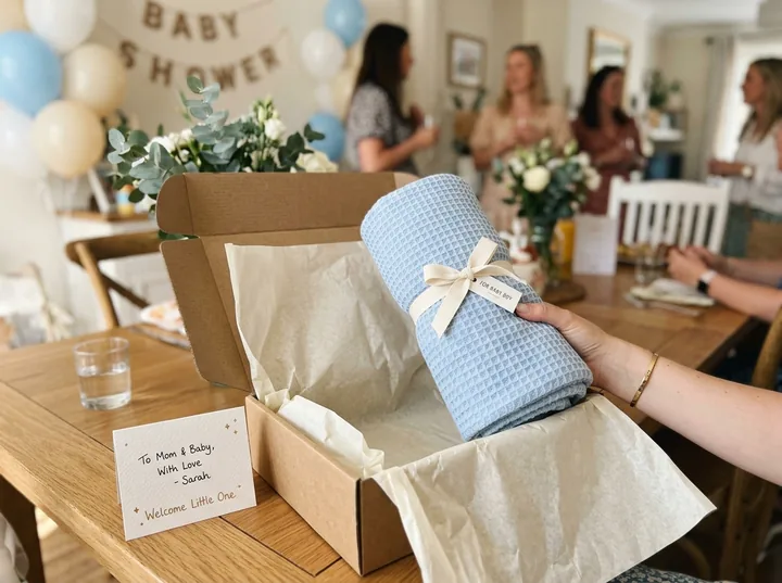 First-Winter Swaddle in an opened gift box at a baby shower