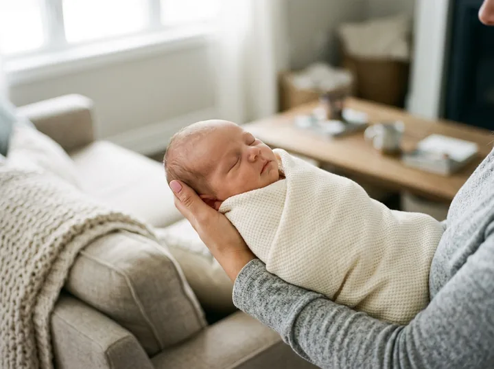 Mother cradling a newborn wrapped in the cream First-Winter Swaddle